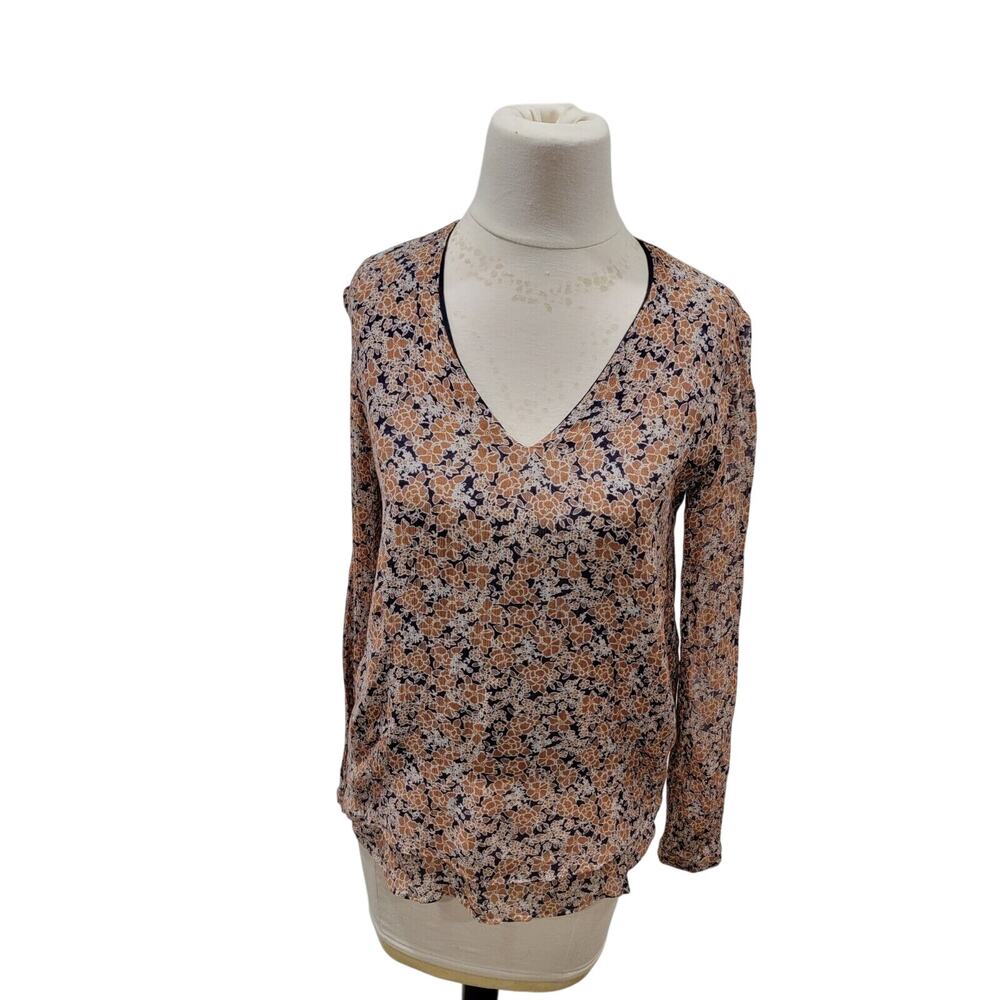 Massimo Dutti Size 2 Blue Tan Floral Vneck Ribbed Lined Chiffon Top Cottagecore